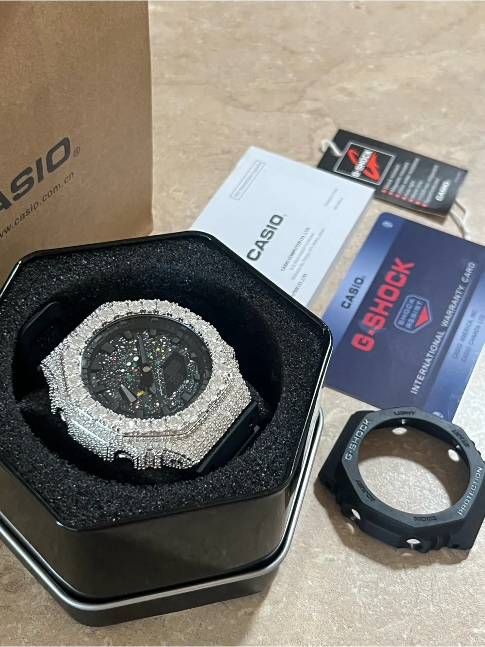 G-Shock Black Dial Watch with Silver moissanite Case and Multicolor Accents